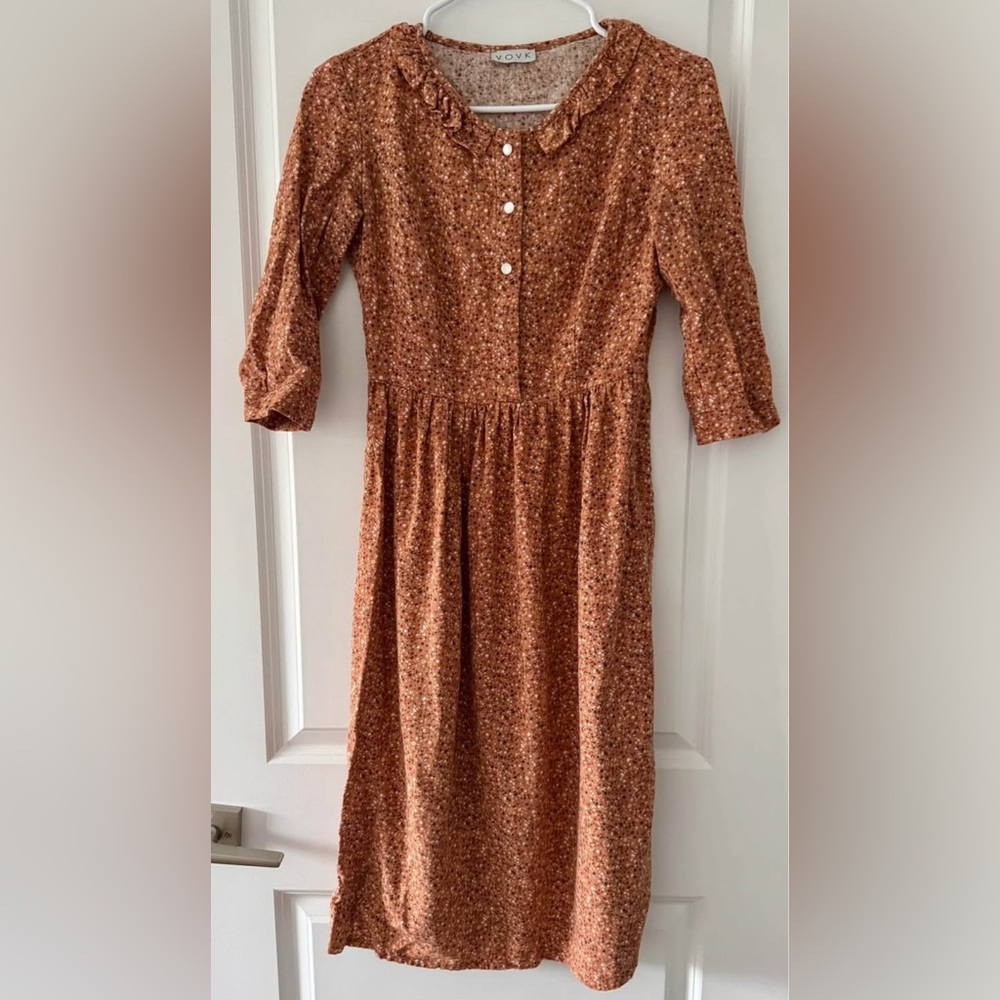 Brown Floral Midi Dress with Buttons